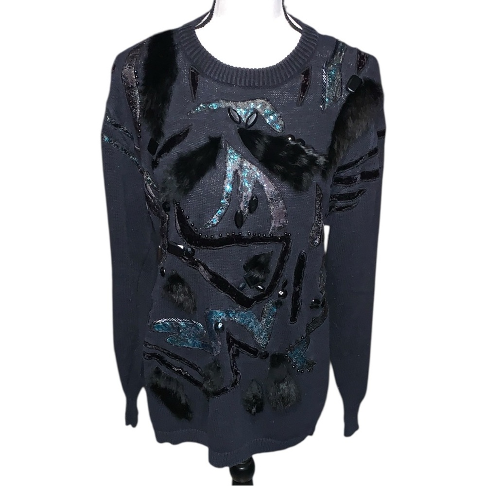 Vtg 80s 90s Spree Beaded Sweater Fur Glitter Black Victorian Velvet